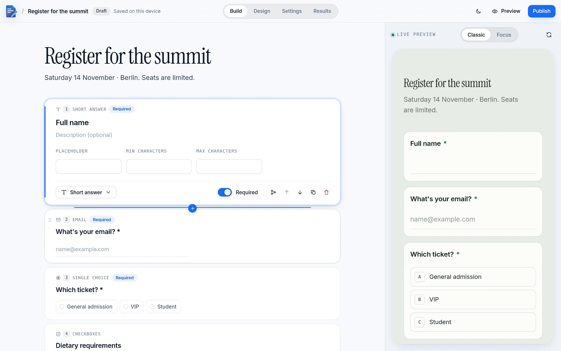The DocFila Forms builder with an event registration form and its live preview