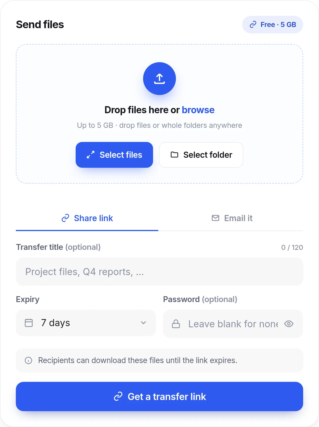 The DocTransfer send panel with expiry and password options